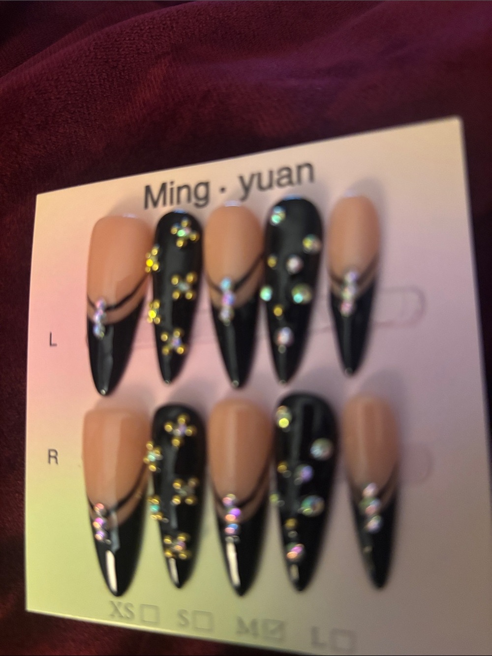 Nude and Black Rhinestone Stiletto Press-On Nails